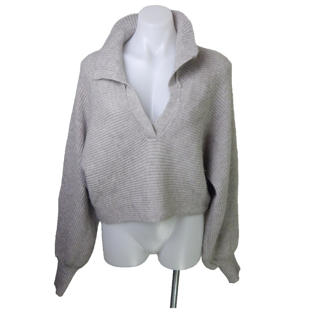 Princess Polly Sweater Ribbed Collared Oversized Boxy Crop Gray